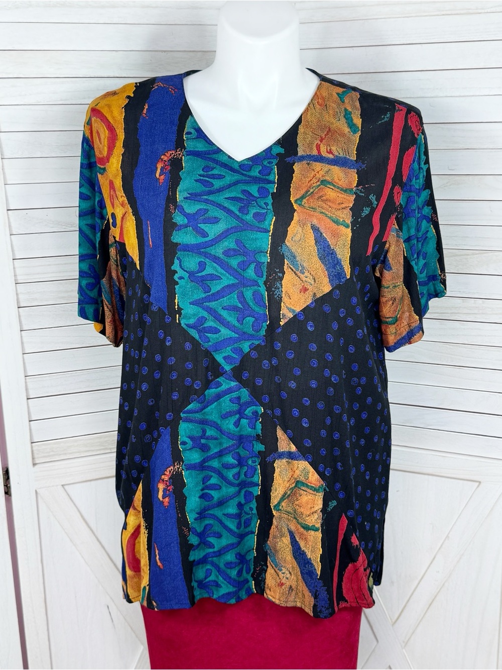 Vintage 80s Carole Little Abstract Art Print Tunic Blouse Black Multi 10